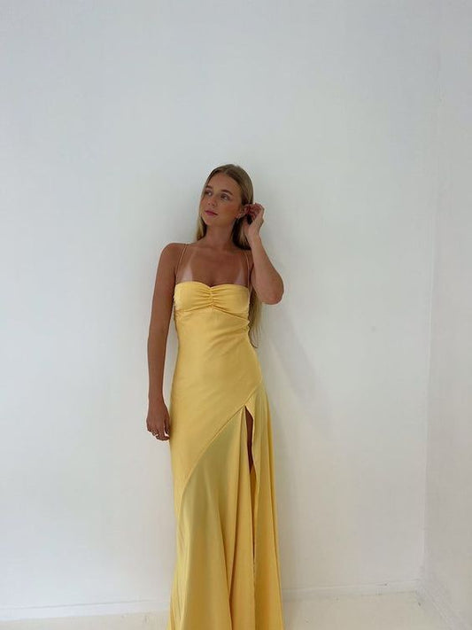 Sexy Mermaid Spaghetti Straps Sleeveless Party Dress Yellow Prom Dress  