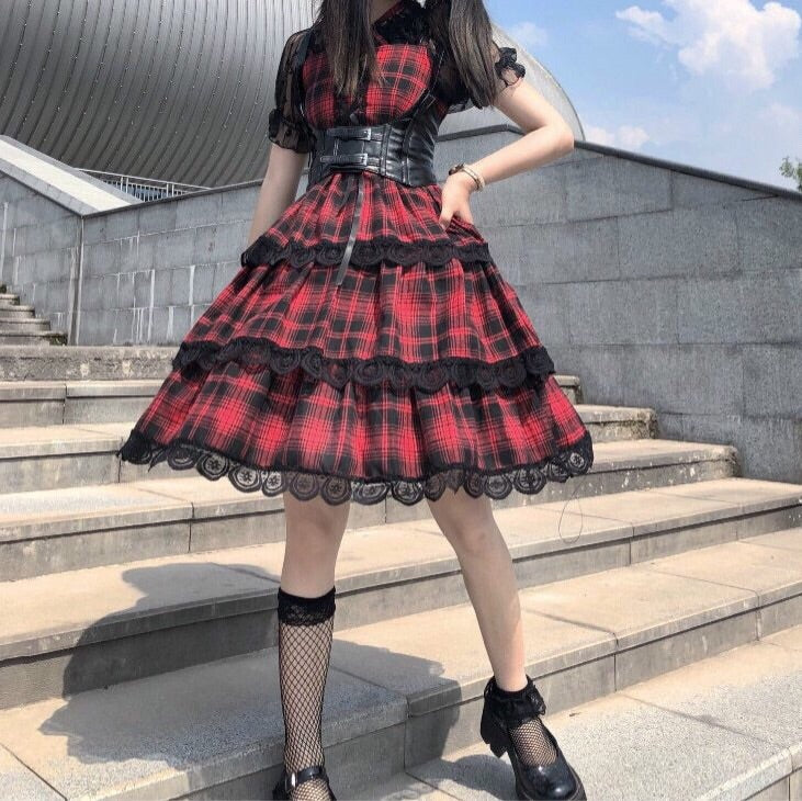 Plaid Gothic Lolita Lace Ruffle Dress