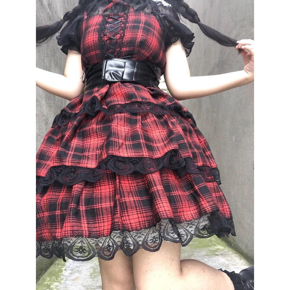 Plaid Gothic Lolita Lace Ruffle Dress