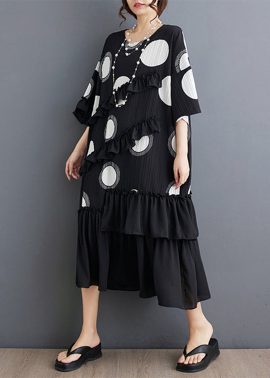 Plus Size Black O Neck Ruffled Patchwork Chiffon Dress Summer AP006