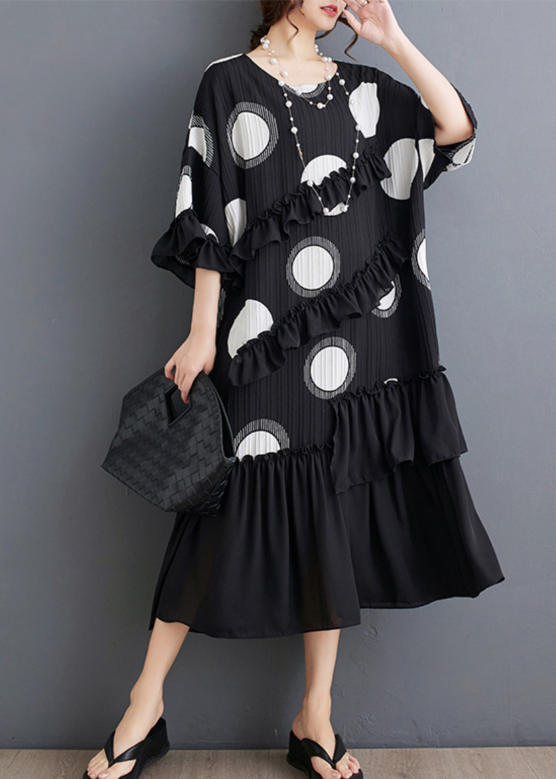 Plus Size Black O Neck Ruffled Patchwork Chiffon Dress Summer AP006