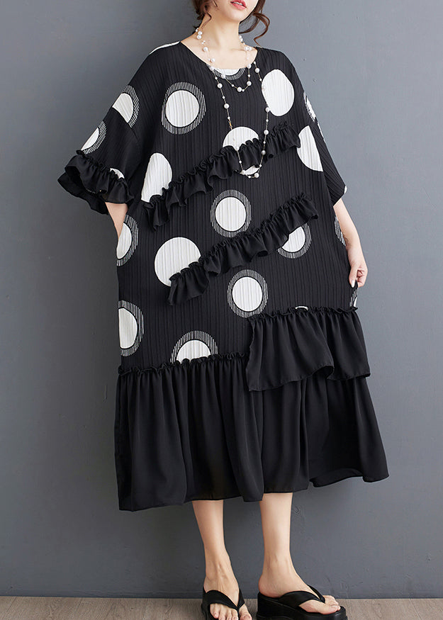 Plus Size Black O Neck Ruffled Patchwork Chiffon Dress Summer AP006