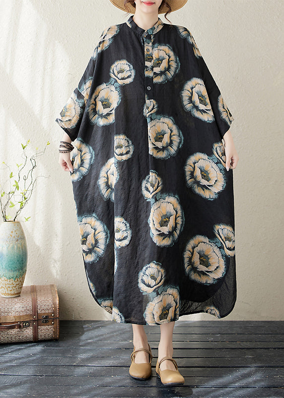 Plus Size Black Stand Collar Print Long Dress Long Sleeve AP067