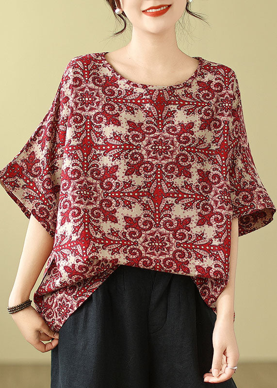 Plus Size Red O Neck Print Cotton Blouse Top Summer AP055