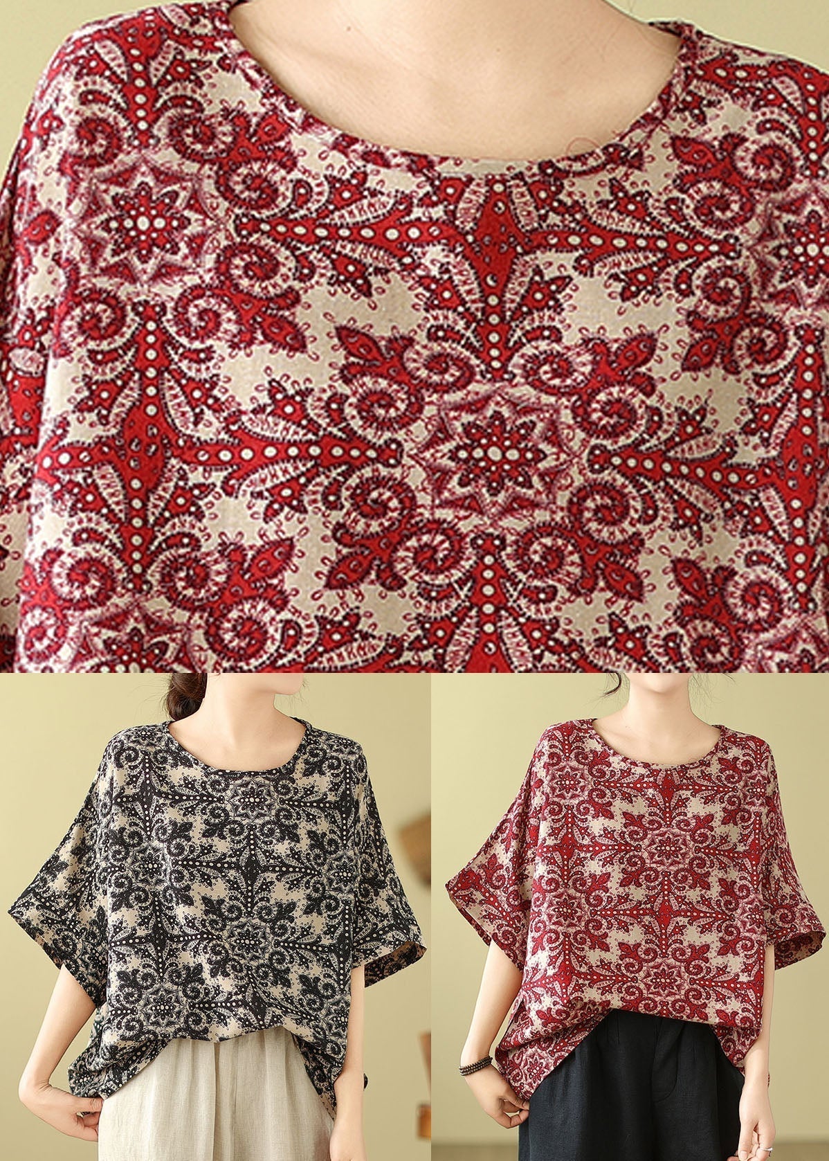 Plus Size Red O Neck Print Cotton Blouse Top Summer AP055