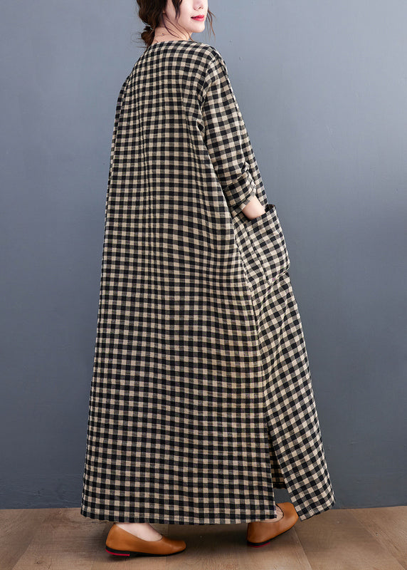 Plus Size V Neck Plaid Pockets Cotton Long Dress Summer AP007