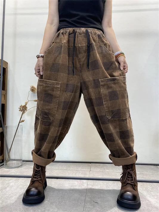 Women Plaid Corduroy Loose Harem Pants AH309