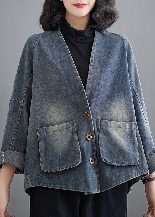 Retro Blue V Neck Patchwork Pockets Denim Coats Fall AP033