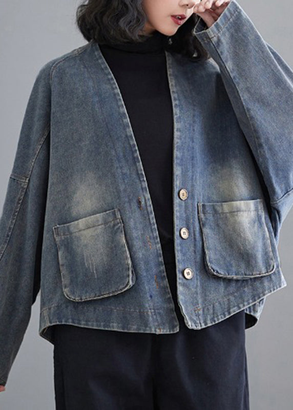 Retro Blue V Neck Patchwork Pockets Denim Coats Fall AP033