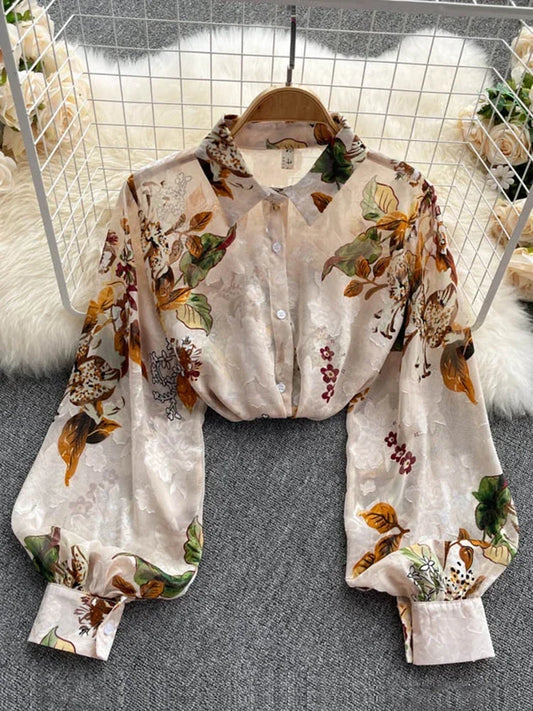 Spring Autumn Temperament Fashion Retro Chiffon Floral Blouses Print Loose Lapel Puff Sleeve Top Button Up Shirt Female x