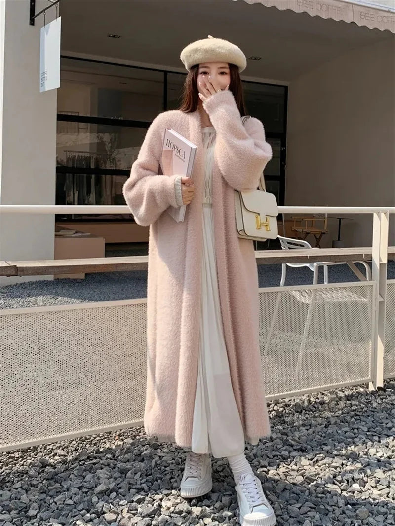 Autumn/Winter Lazy Style Loose Knee Length Thickened Pure Imitation Mink Fleece Knitted Sweater Cardigan Coat Women's Coat