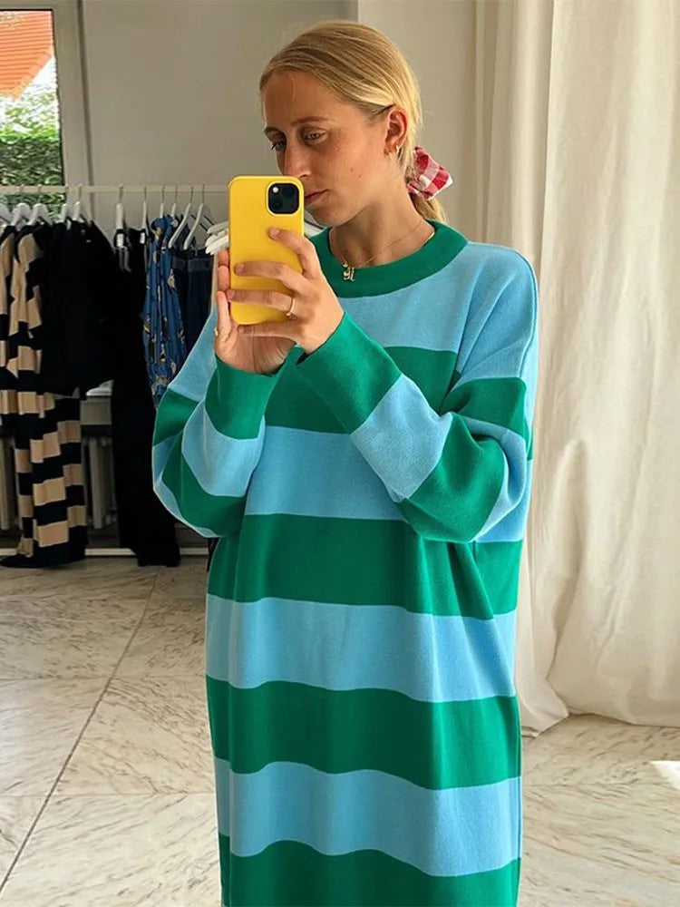 PICSGIRL -  Striped Contrast Color Female Knitted Dress O-neck Long Sleeved Loose Knit Robes New Sweet Casual Streetwear Maxi Dresses