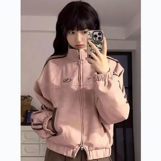 Deeptown Vintage Y2k Pink Suede Jacket Women Korean Fashion Streetwear Cropped Bomber Jackets Japanese Style College Spring Coat