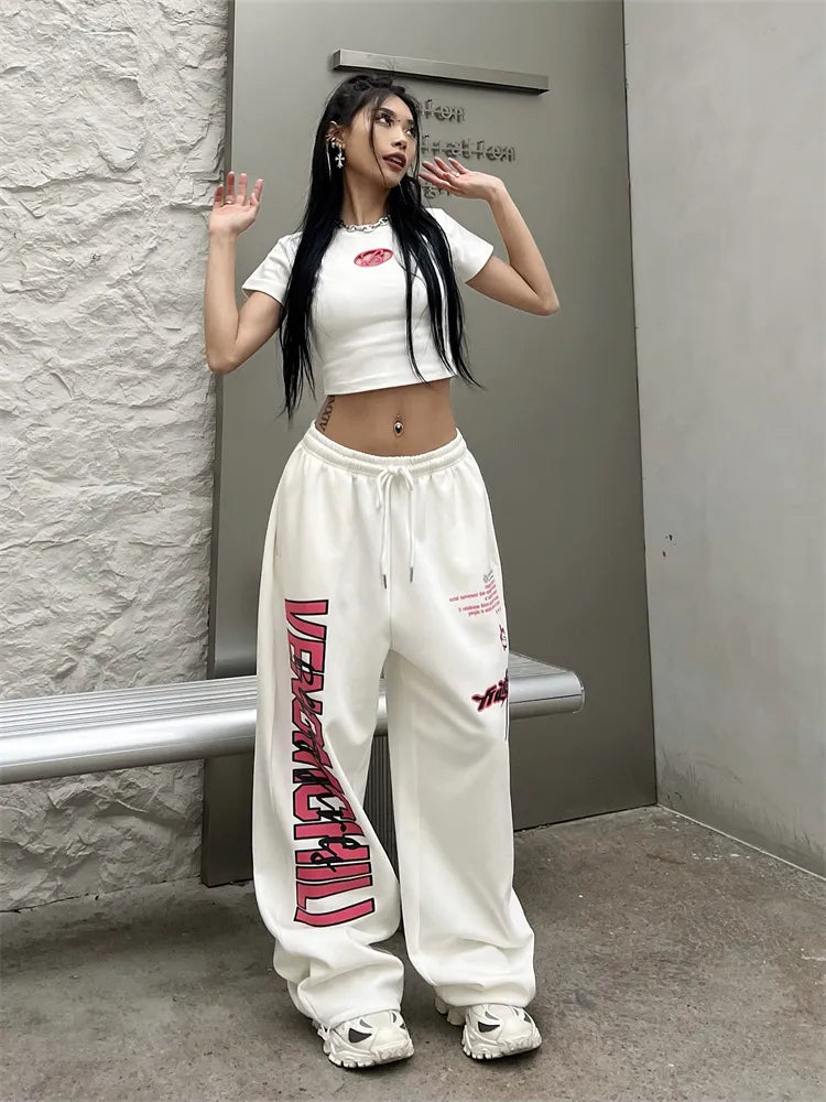 warmmeta Deeptown Korean Y2K White Sweatpants Women Streetwear Kpop Letter Print Sports Pants Oversized Hip Hop Wide Leg Jogging Trousers