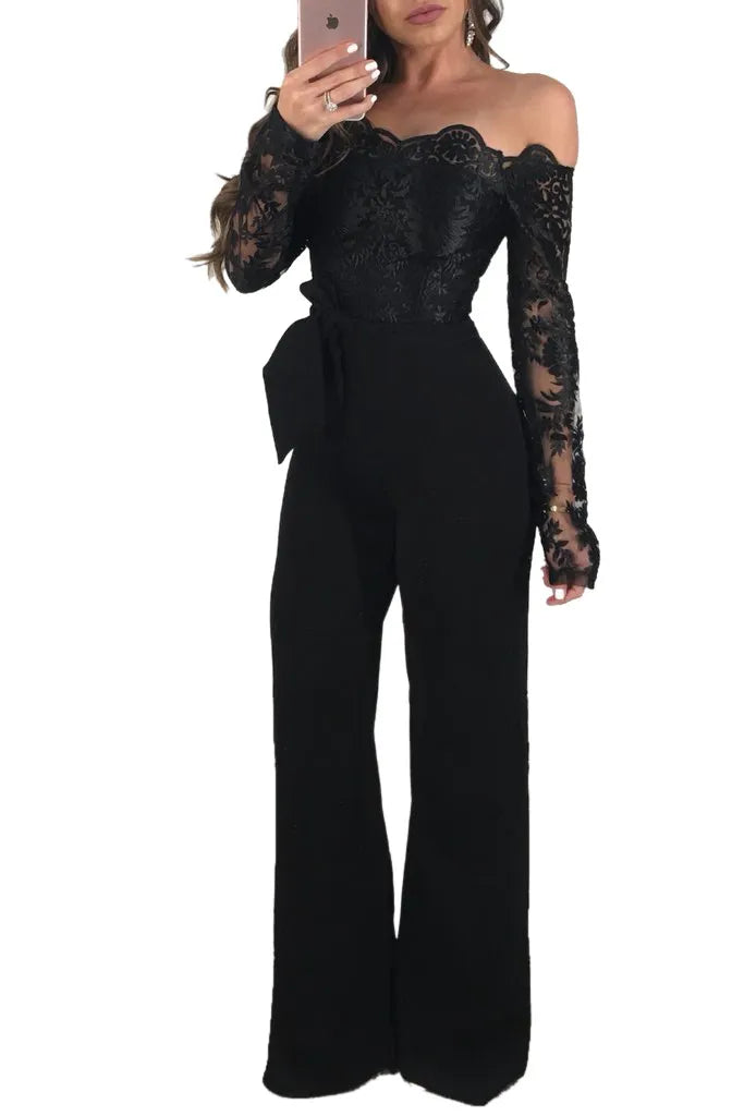 Jumpsuit Overalls Sexy Women Wide Leg Pant Lace Elegant Straight Party Jumpsuit Rompers Slash Neck Work Autumn Bodysuit Pants