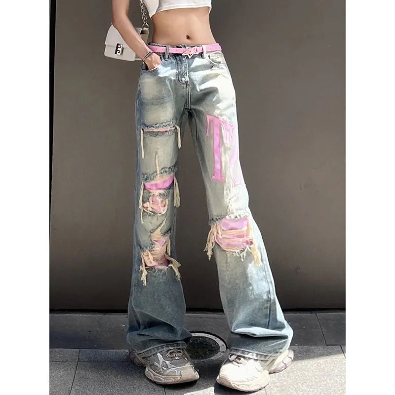 Vintage Blue Ripped Baggy Jeans Women Denim Trousers 2000s High Waist Y2k Streetwear Female Punk Wide Leg Pants Female Clothes