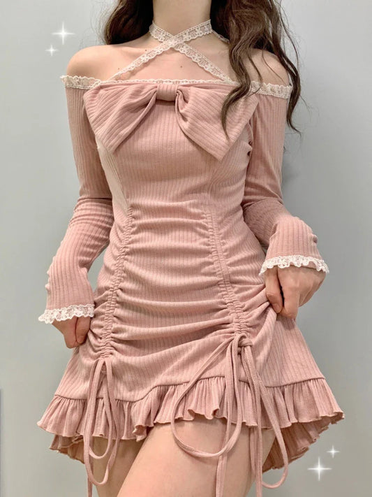 Korean Style Party Mini Dresses Women Japanese Off Shoulder Sexy Kawaii Dress Female Long Sleeve Lace Kawaii Lolita Dress Autumn