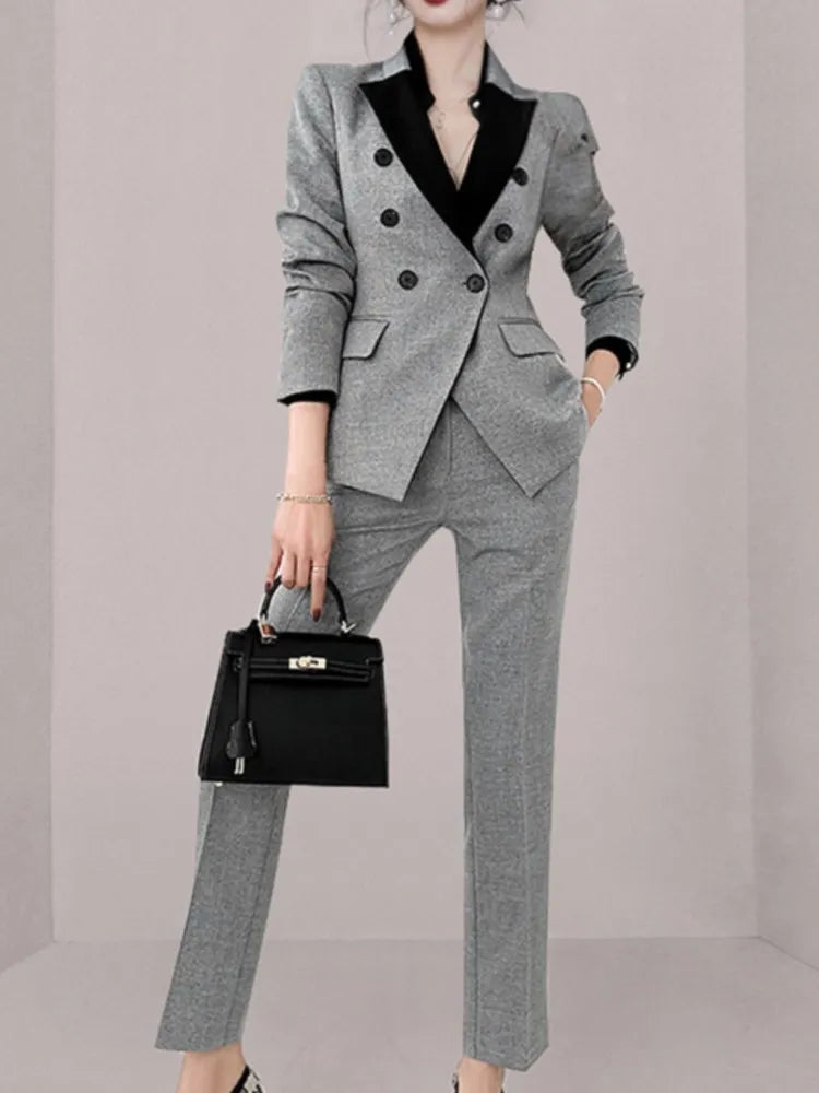 Vintage Women Office Sets New Korean Fashion Notched Elegant Long Sleeve Blazer Casual High Waist Pantsuits Female 2 Pieces Set