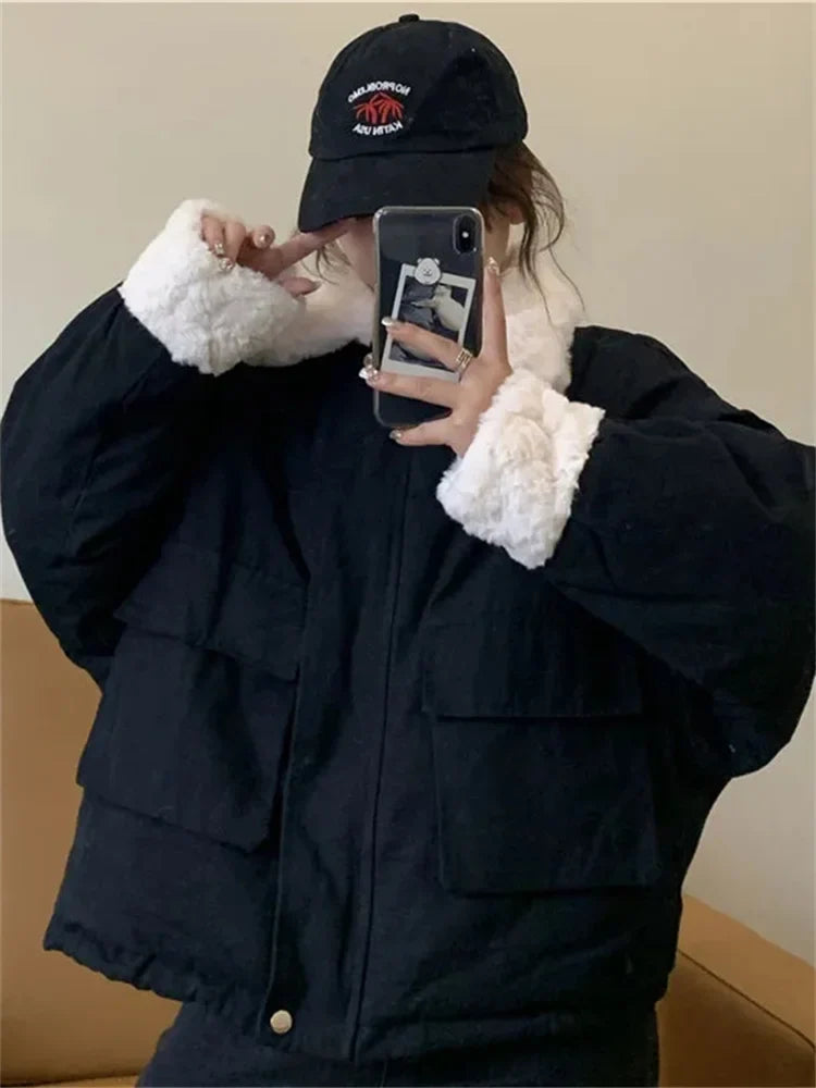 Faux Lamb Wool Parkas Women Thick Warm Winter Cotton Padded Coats Female Korean Fashion Sweet Cute Casual Loose Fleece Outerwear