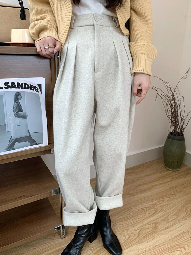 Chic Women Casual Loose Pockets Woolen Suit Pants 2023 Autumn Winter High Waist Thicken Korean Ladies Solid Harem Trousers WP49