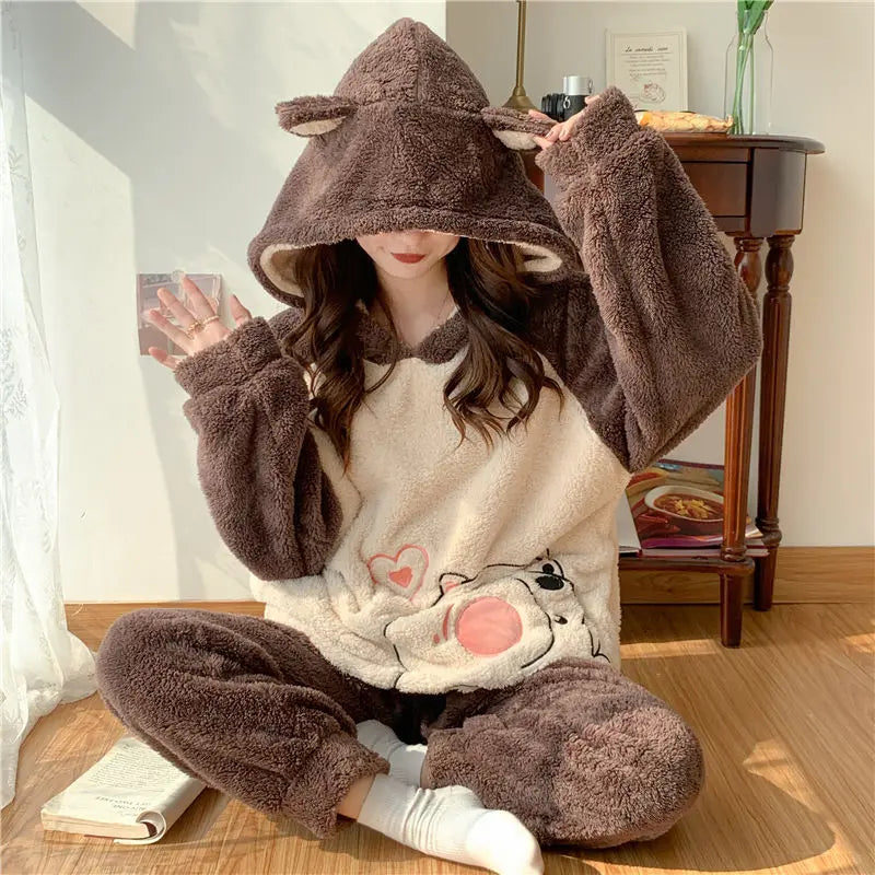 Flannel Pajamas Women Winter Loungewear Girls Sleepwear Suit Thick Cartoon Nighty Coral Velvet Kawaii Famale Home Clothes Sets