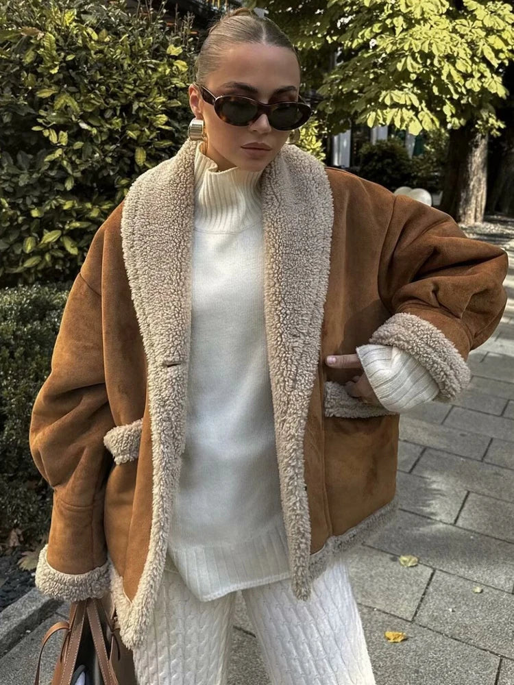 Y2K TRAF Suede Lamb Wool Jackets for Women 2024 Winter Loose Coat Female Chic Single-breasted with Pockets Lapel Outerwear Coats