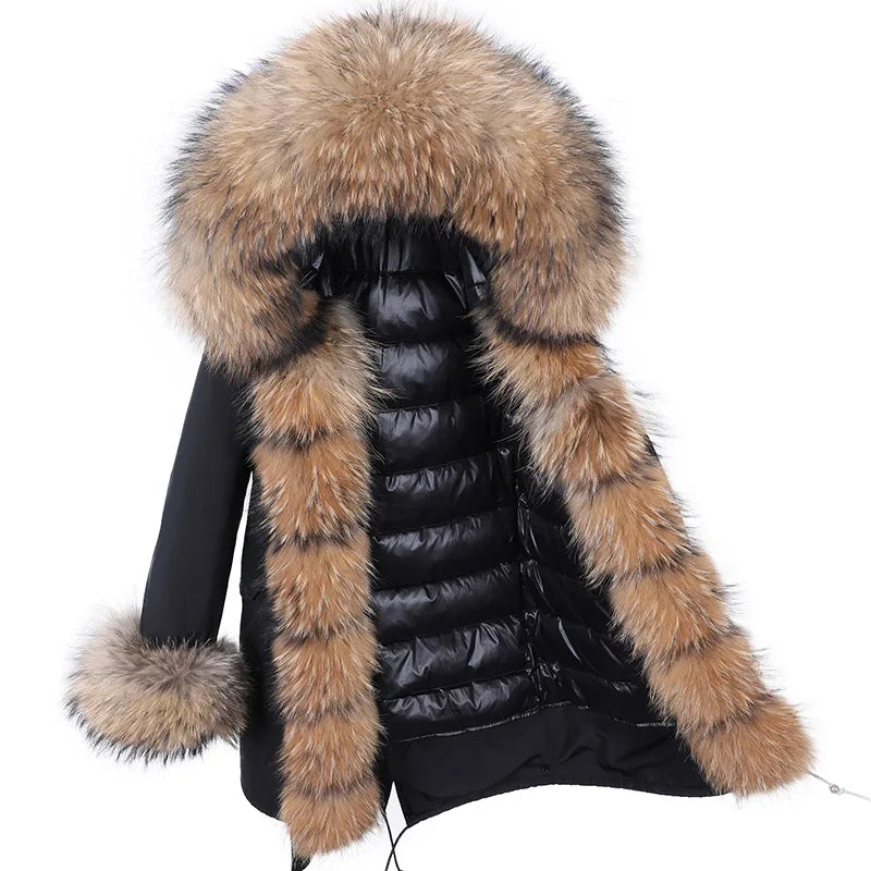 warmmeta Natural Real Fox Fur Jacket Hooded Black Waterproof Woman Winter Warm Coat Parkas Luxury Jacket Female Clothing