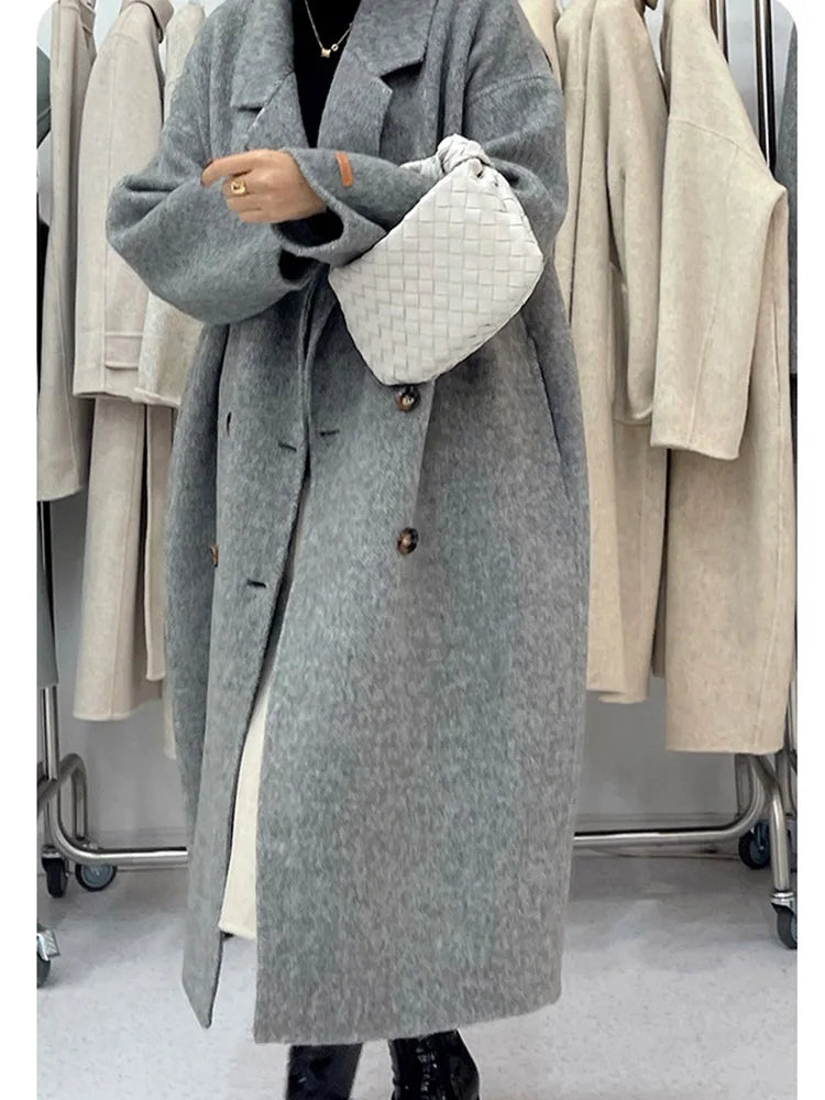 New Women High Quality Alpaca Double-sided Wool Coat Loose Lapel Long Sleeve Fashion Lace-up Natural Woolen Jacket Autumn Winter