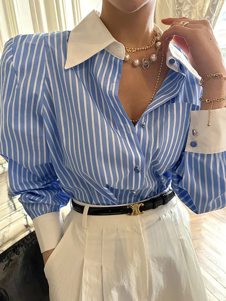 warmmeta-Jmprs Elegant Women Shirts Korean Striped Red Fashion Turn Down Collar Office Ladies Tops Long Sleeve Causal Female Blouse