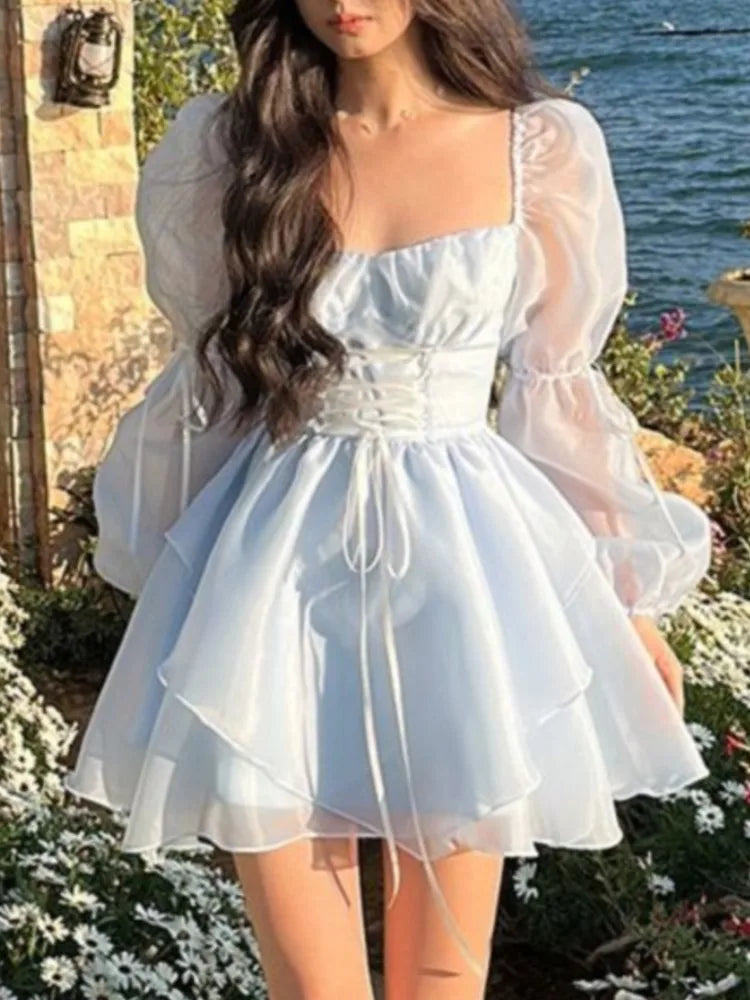 warmmeta-Sweet Kawaii Mini Dress Vintage Korean Elegant Fashion Party Dress Women Fairy Princess Puff Sleeve Chic Summer Prom Dress