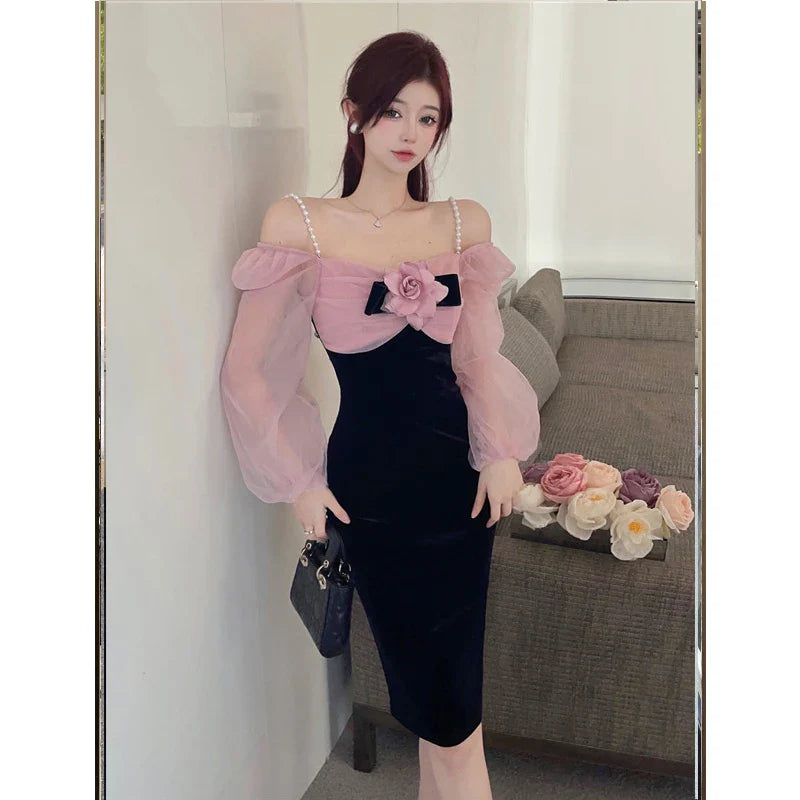 WARMMETA Hot Girl Slim Dress Women's Autumn Pearl Chain Slash Neck Long-sleeved Knee Length Wrap Hip Dress Fashion Female Clothes