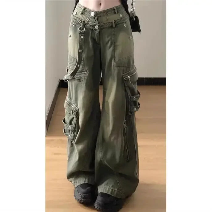 warmmeta Loose Retro Washed Cargo Jeans Streetwear Women Zipper Baggy Pants Hiphop Straight Pants Multi-pocket Wide Leg Jeans Women