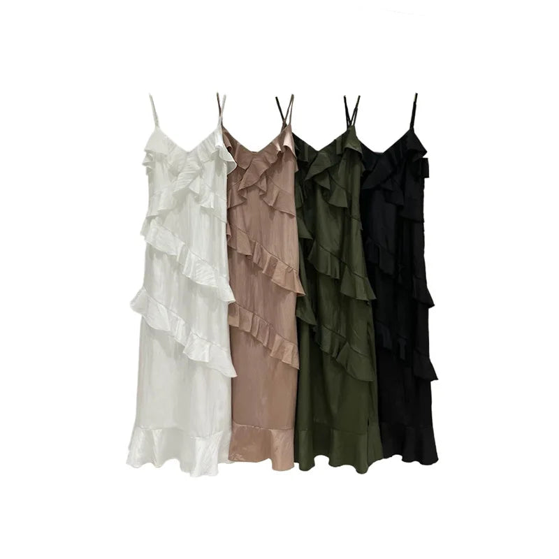 Picsgirl -  spring new ruffle suspender dress Korean design feeling slit slim long skirt  dress for women   evening dresses