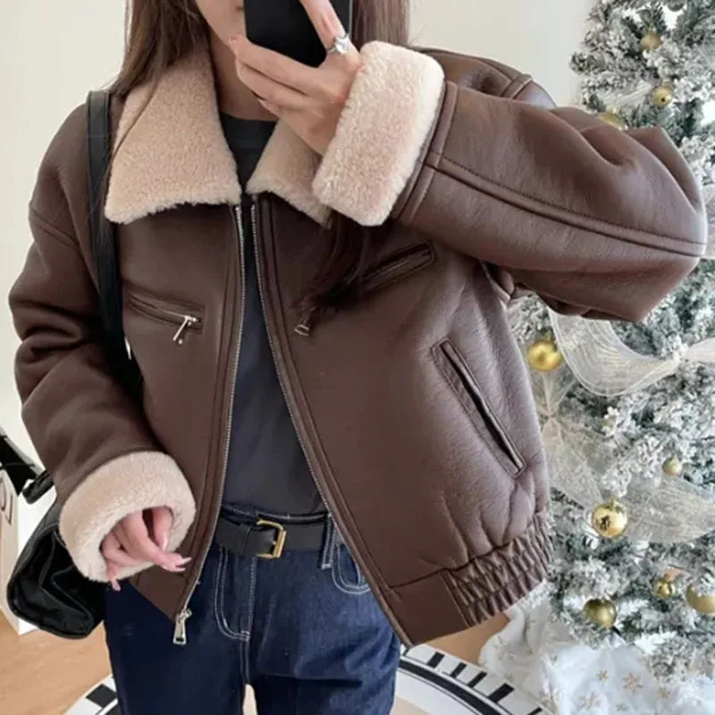 Flight Suit Jacket Women Fur Pu American Vintage Outwear Long Sleeve Turn Down Collar Zipper Female Harajuku Short Coats