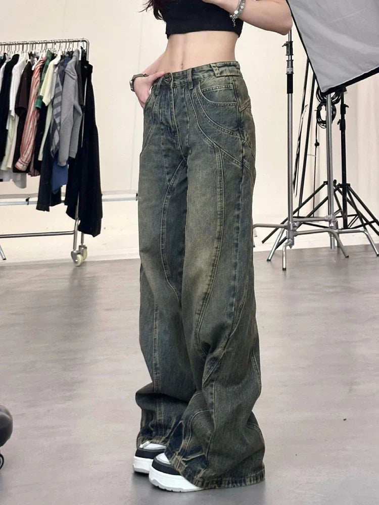 New Design Denim Wide Leg Pants High Waist Fashion Full Length Jeans Show Thin Classical Trousers Korean Retro Trend Streetwear