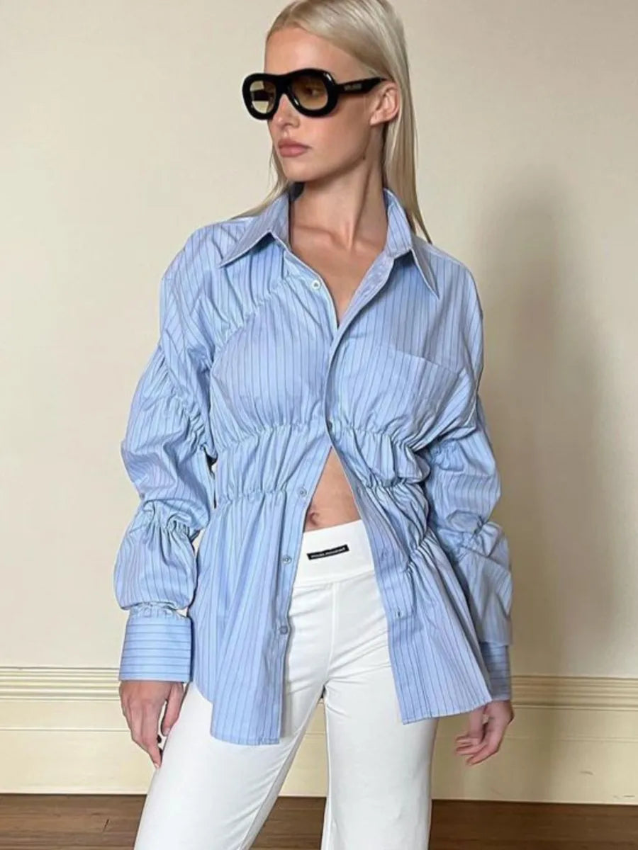 PICSGIRL -  Chic Pocket Solid Color Shirts Women 2024 Spring New Long Sleeve Waist Folds Lapel Collar Blouses Female Fashion Casual Blouse