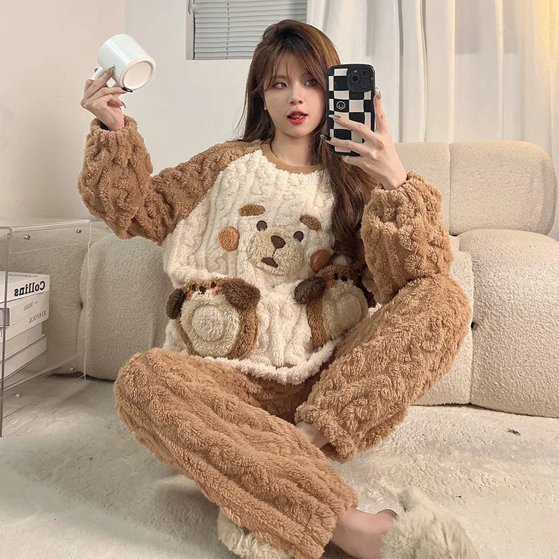 Winter Thicken Women Pijamas Sets Korean Girls Soft Warm Sleepwear Pyjama Pour Femme Cartoon Bear Cute Pajamas Long Sleeve Pants