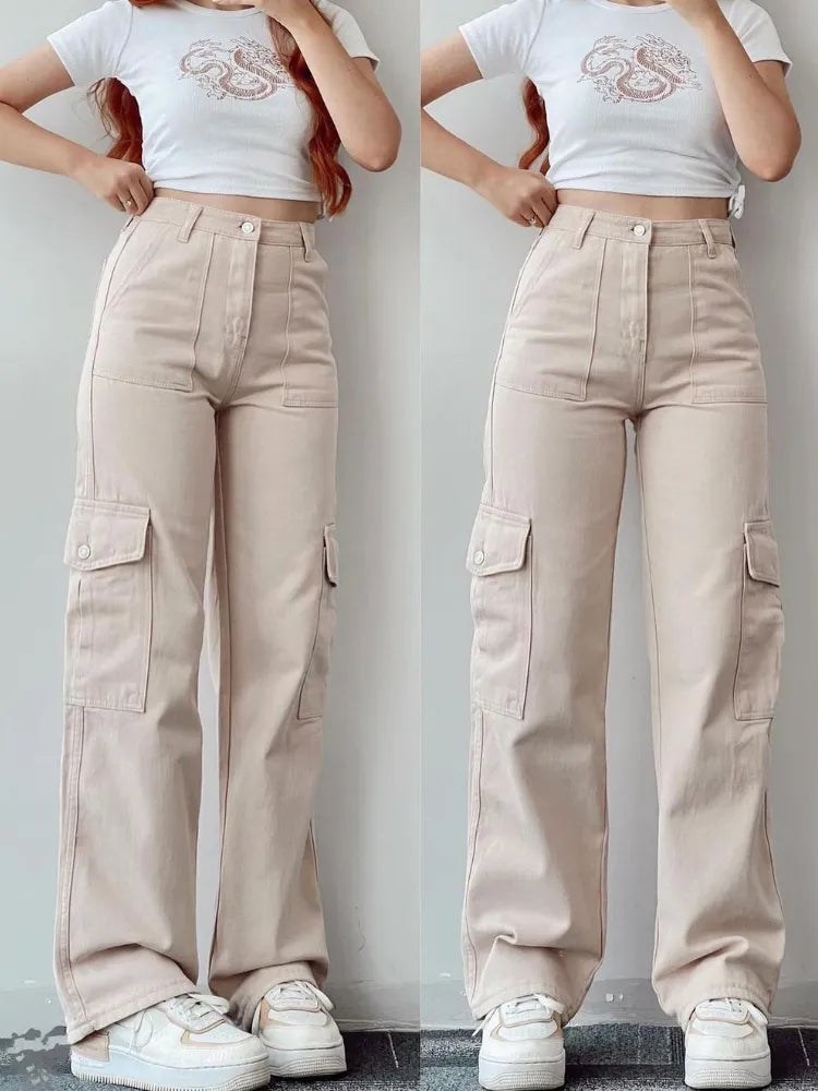 Y2K Women Vintage Cargo Pants Streetwear Techwear Korean Harajuku Parachute Pants Beige Sweatpants Wide Leg Joggers Trousers