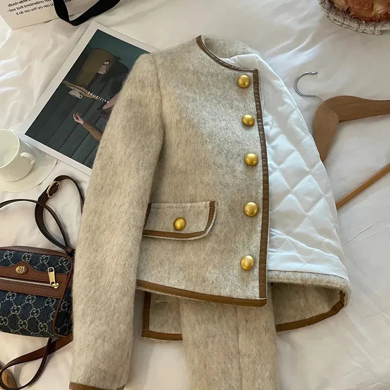 Vintage Cropped Blazer Women Korean Short Tweed Jacket Office Lady Elegant Thicken Quilted Single Breasted Outerwear Tops