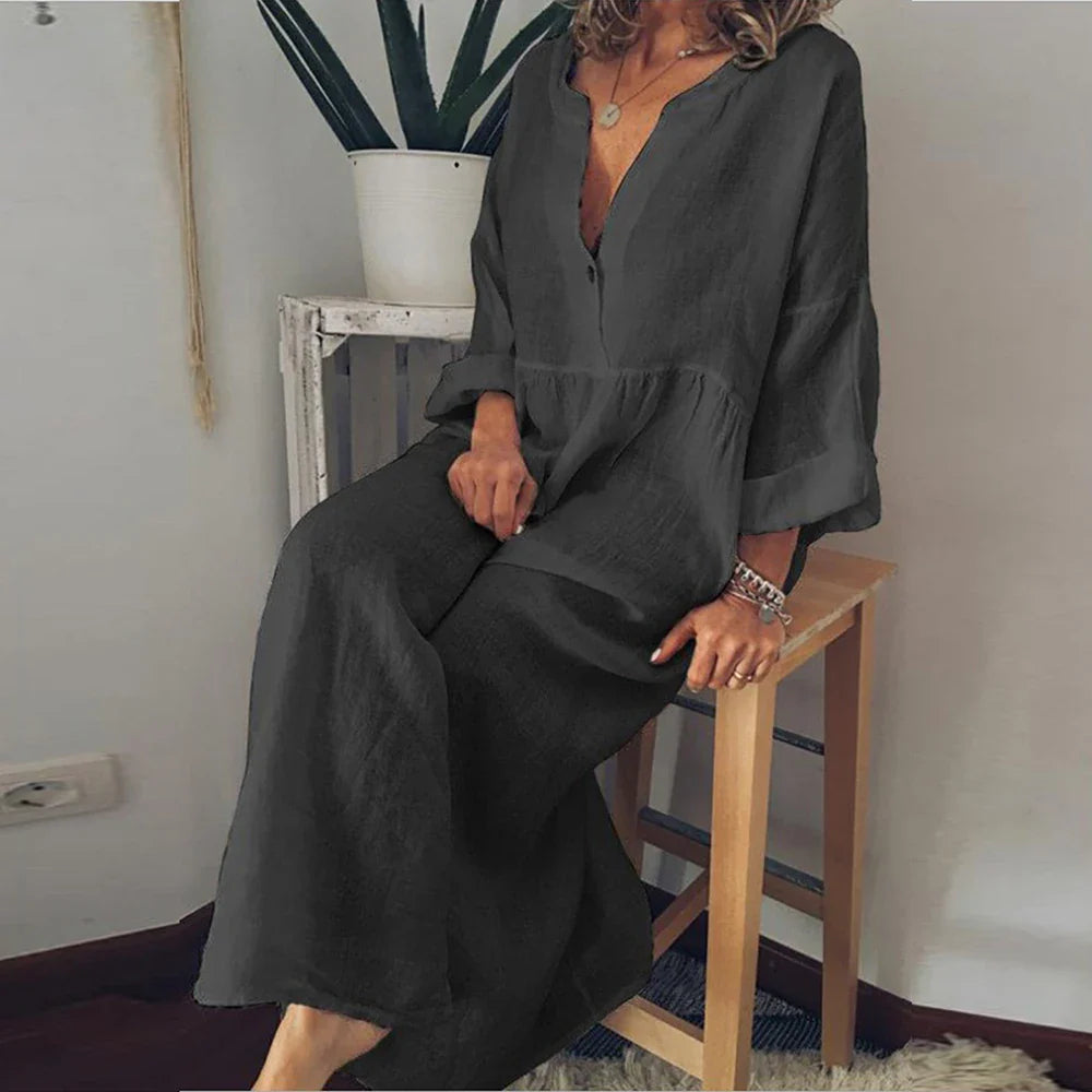 WARMMETA Linen Long Dress for Women 2024 Summer Pure Color Casual Short Sleeve Shirt Dress Beach Female Clothing Y2K Vestido Robe