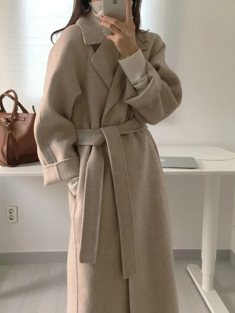 Long Woolen Coat Women Autumn Winter Warm Overcoat Female Elegant Fashion Lace-Up Outerwear Ladies Casual Loose Chic Coats