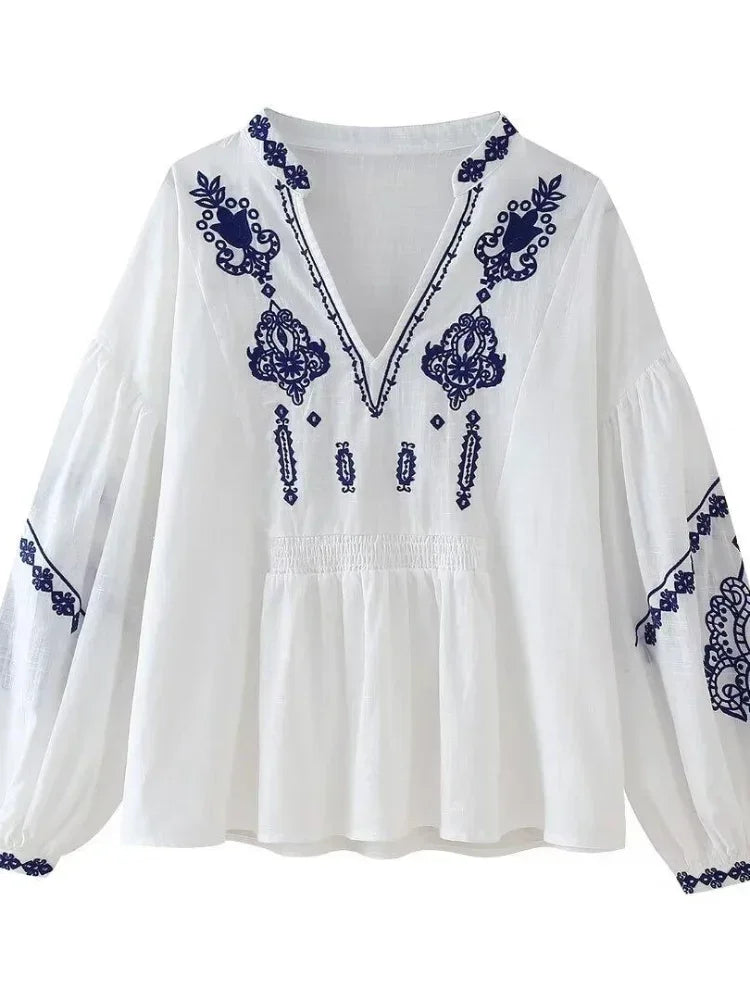 Print Embroidered Ruffled Stylish Shirt For Women Elegant V-neck Puff Sleeve Blouse Spring Summer Women Vintage Street Tops