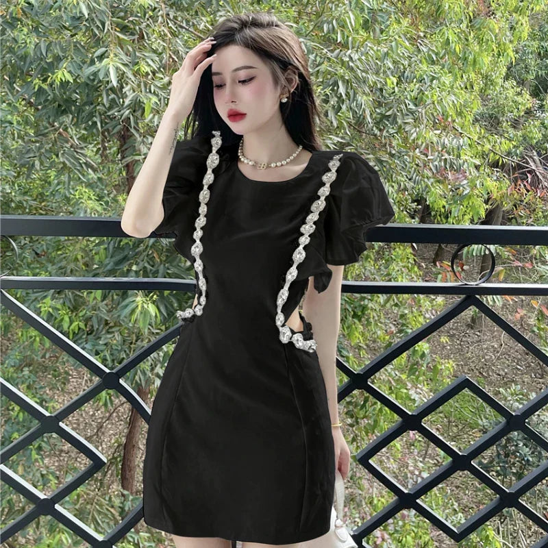 WARMMETA Woman Dress Flying Sleeve Rhinestone Hollow Out O Neck Elegant Spring New Slim White Sexy Dresses Female Mini Fashion