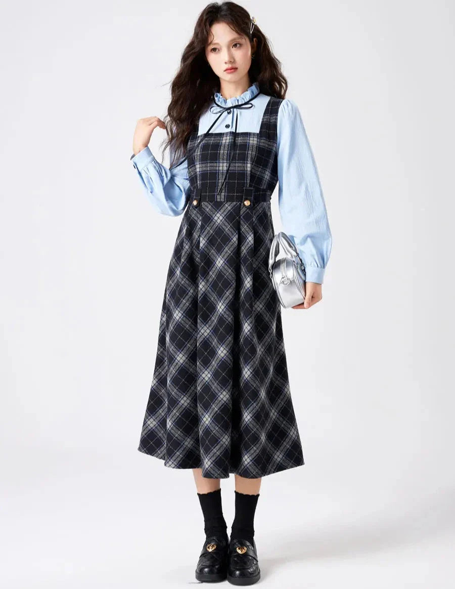 Blue Stories Dark Academia Plaid Long Sleeve Dress