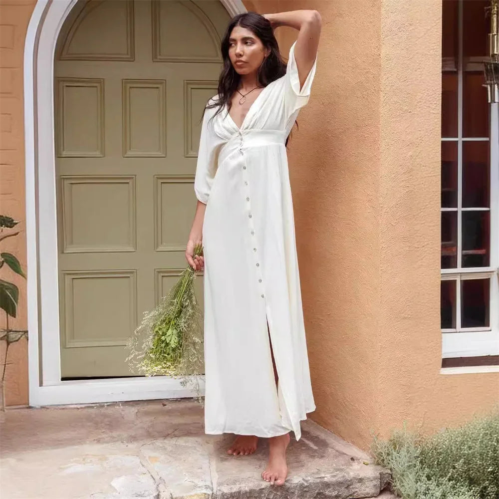 Chic Casual White Linen Maxi Dress for Women Summer V Neck Short Batwing Sleeve Single Breasted High Waist Loose Dresses Street