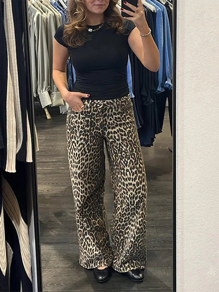 Women Causal Loose Leopard Print Y2k High Waist Pants New Spring Baggy Wide Leg Pants Fashion Retro Straight Streetwear 2024