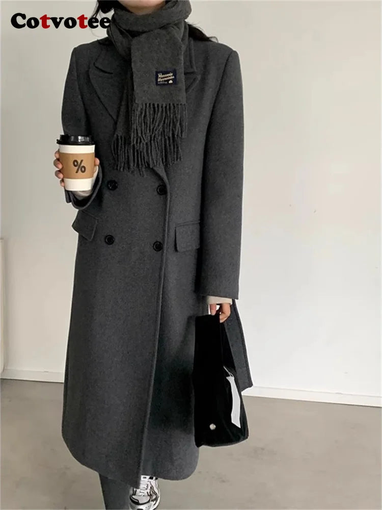 Cotvotee Notched Wool Coat Women Autumn Winter 2023 New Vintage Solid Loose Long Jacket Casual Long Sleeve Double Breasted Coats