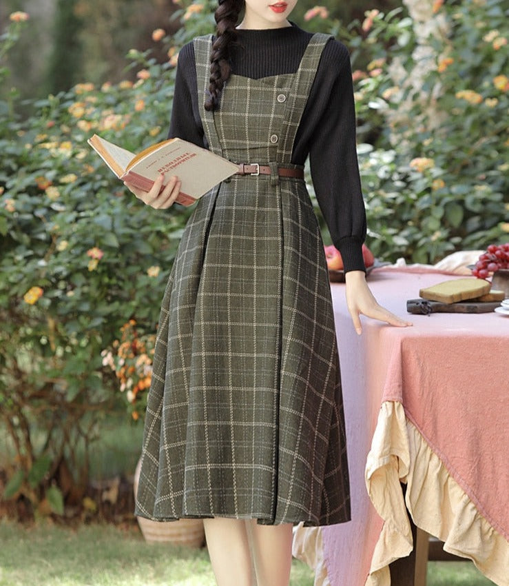 Forest Witch 2-Piece Dark Academia Wool Plaid Dress Set