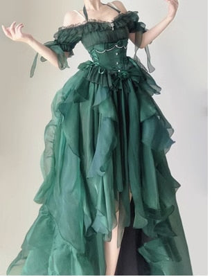 warmmeta Green Flower Wedding Dress Cos Lolita Dress Op Dress Lolita Heavy Industry Trail Puffy Princess Dress, Lolita Cosplay