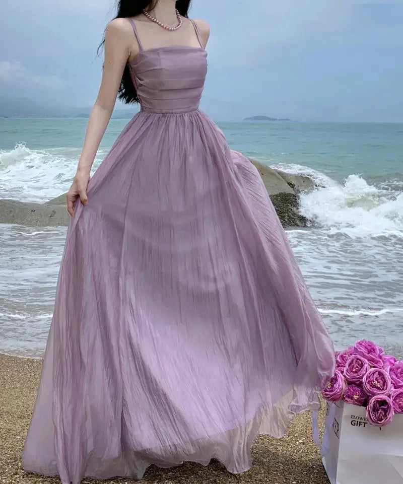 Vintage Spaghetti Strap Purple Long Dresses for Women Summer Sexy Tulle Pleats Fairy Evening Party Backless Female Clothing